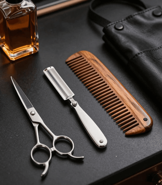 Premium barber grooming tools on a black surface