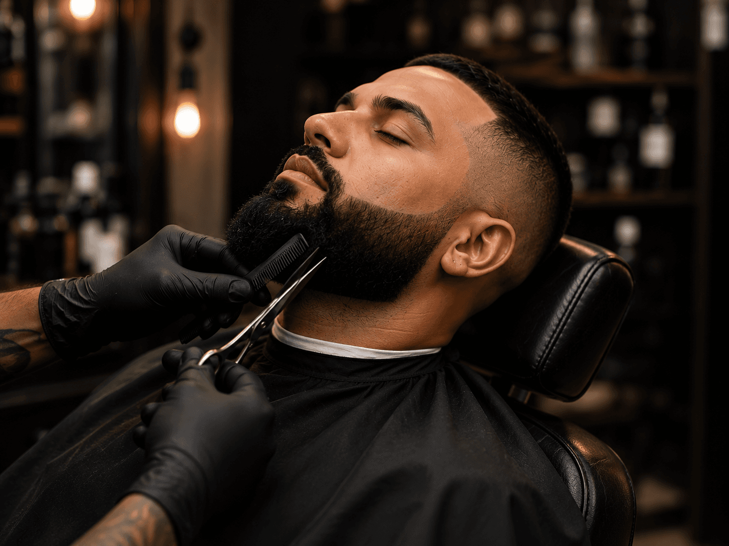 Barber carefully trimming and shaping a beard