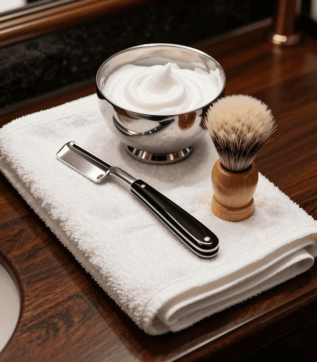 Hot towel shave tools arranged on a fresh towel