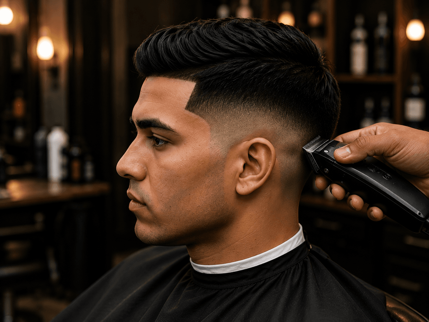 Barber finishing a men’s fade haircut