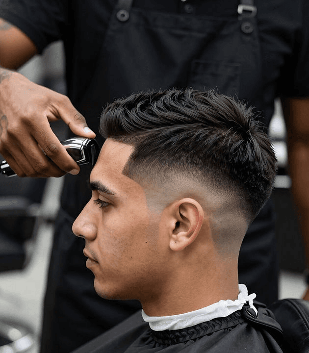 Barber finishing a precise skin fade haircut